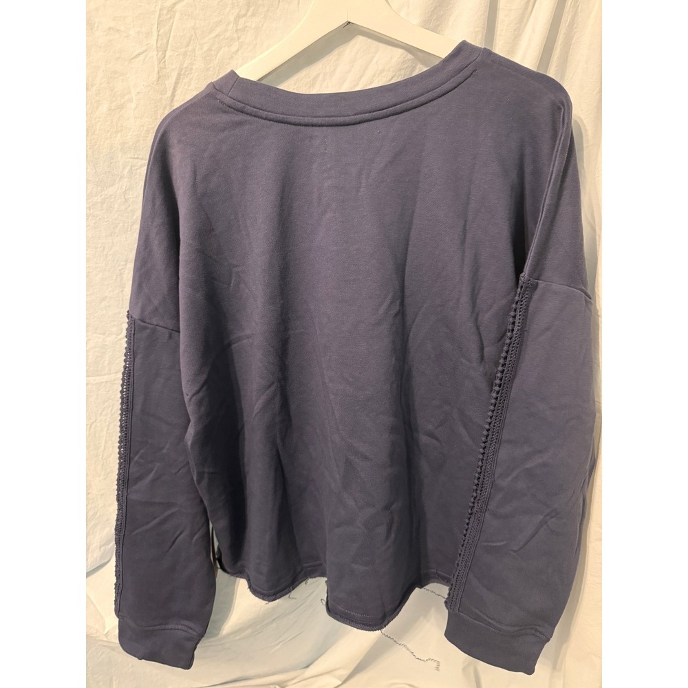 Rae Dunn Nightshadow Blue Drop Shoulder Sweatshirt Crochet Trim Raw Hem XL NEW - Picture 6 of 11